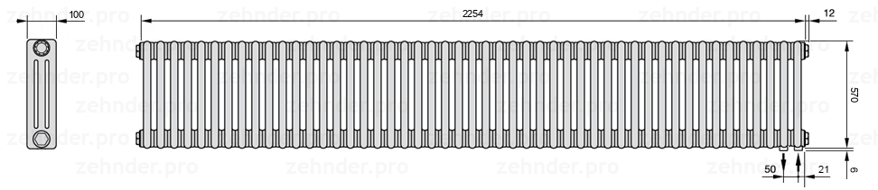 Схема (чертеж) Радиатор Zehnder Charleston 3057/49 №5510 Белый глянцевый RAL 9016